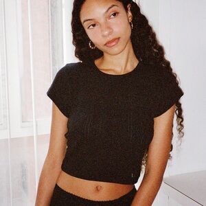 Cou Cou Intimates Black Pointelle Cropped Baby Tee